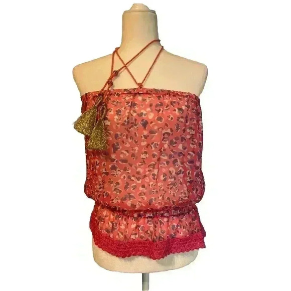 Ramy Brook Cover Up Top Crochet Metallic Strapless Gold Tassel Leopard Rope Tie - Picture 2 of 11